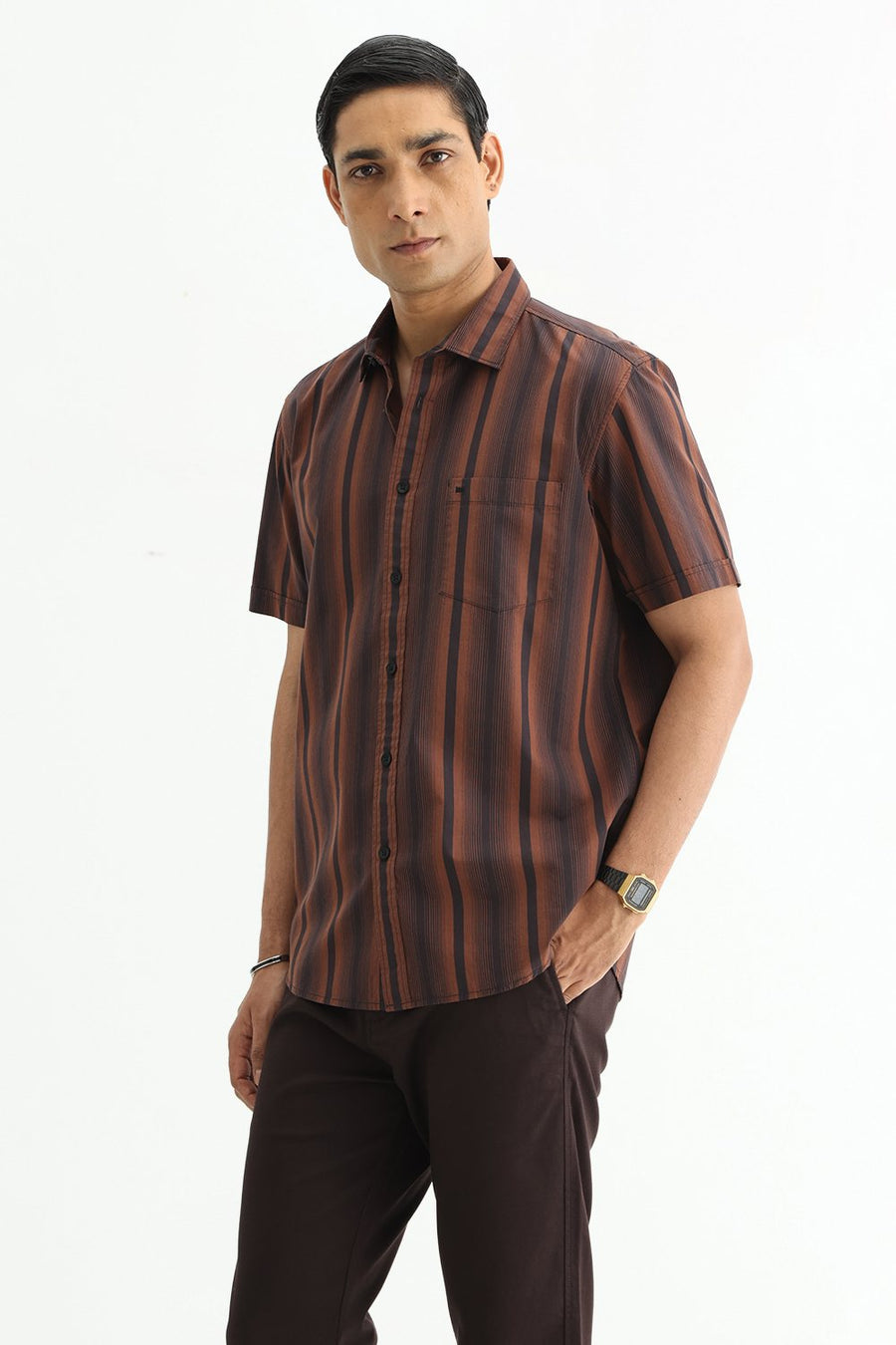 BASICS SLIM FIT COCOA BROWN COTTON PLAIN STRIPES HALFSLEEVES SHIRT