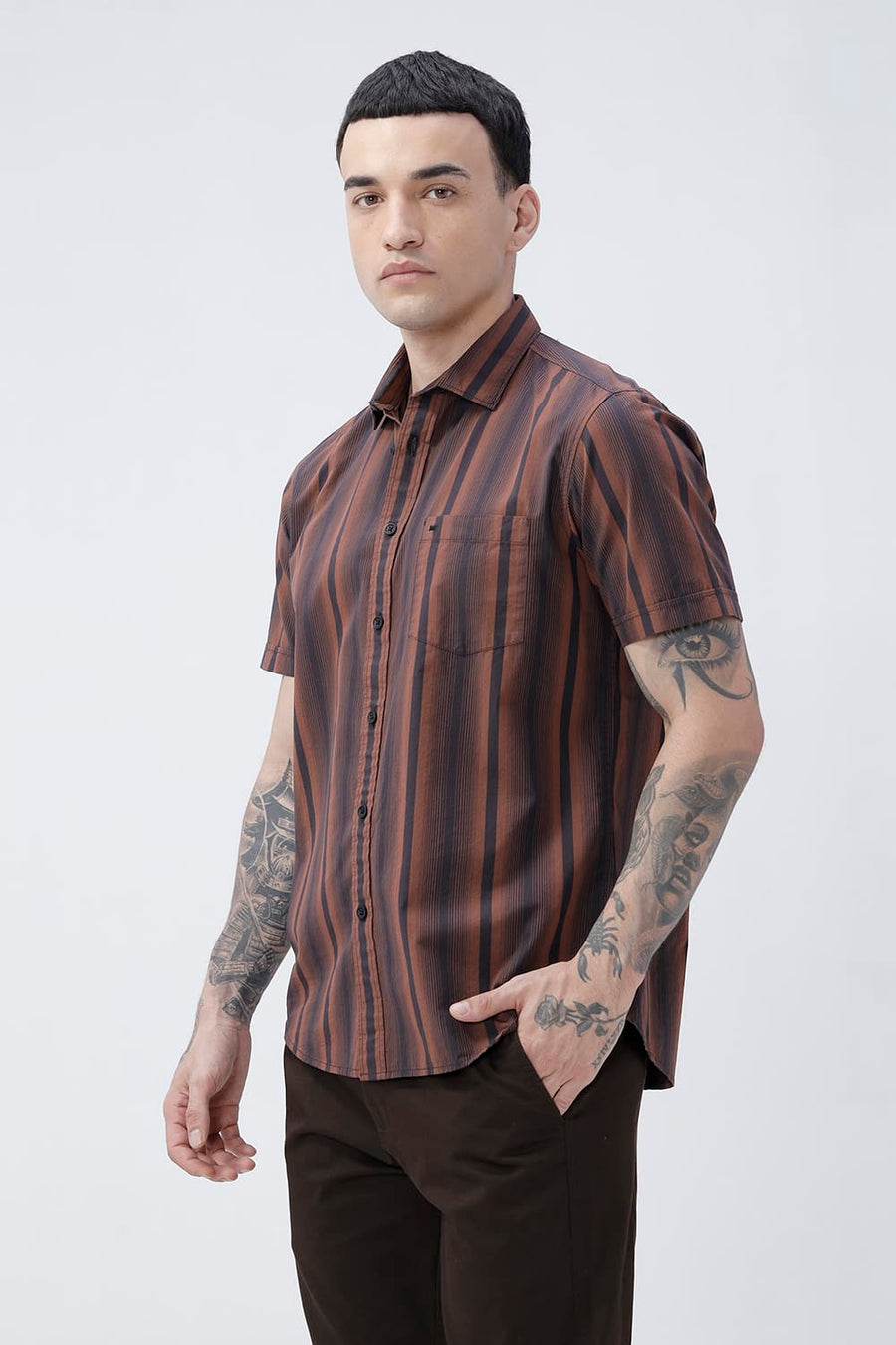 BASICS SLIM FIT COCOA BROWN COTTON PLAIN STRIPES HALFSLEEVES SHIRT