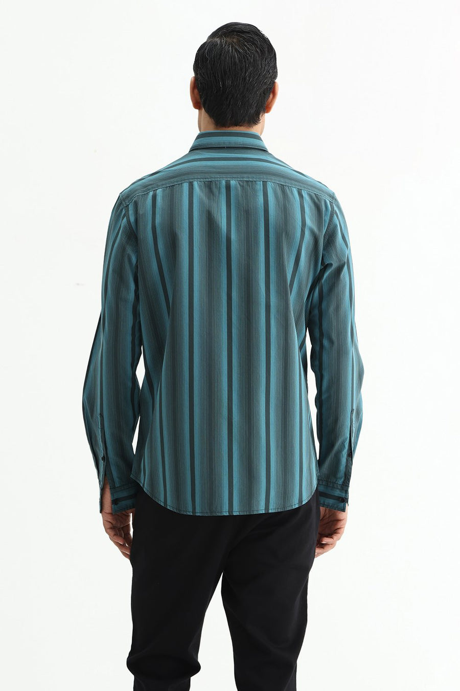 BASICS SLIM FIT SEA TEAL COTTON PLAIN STRIPES SHIRT