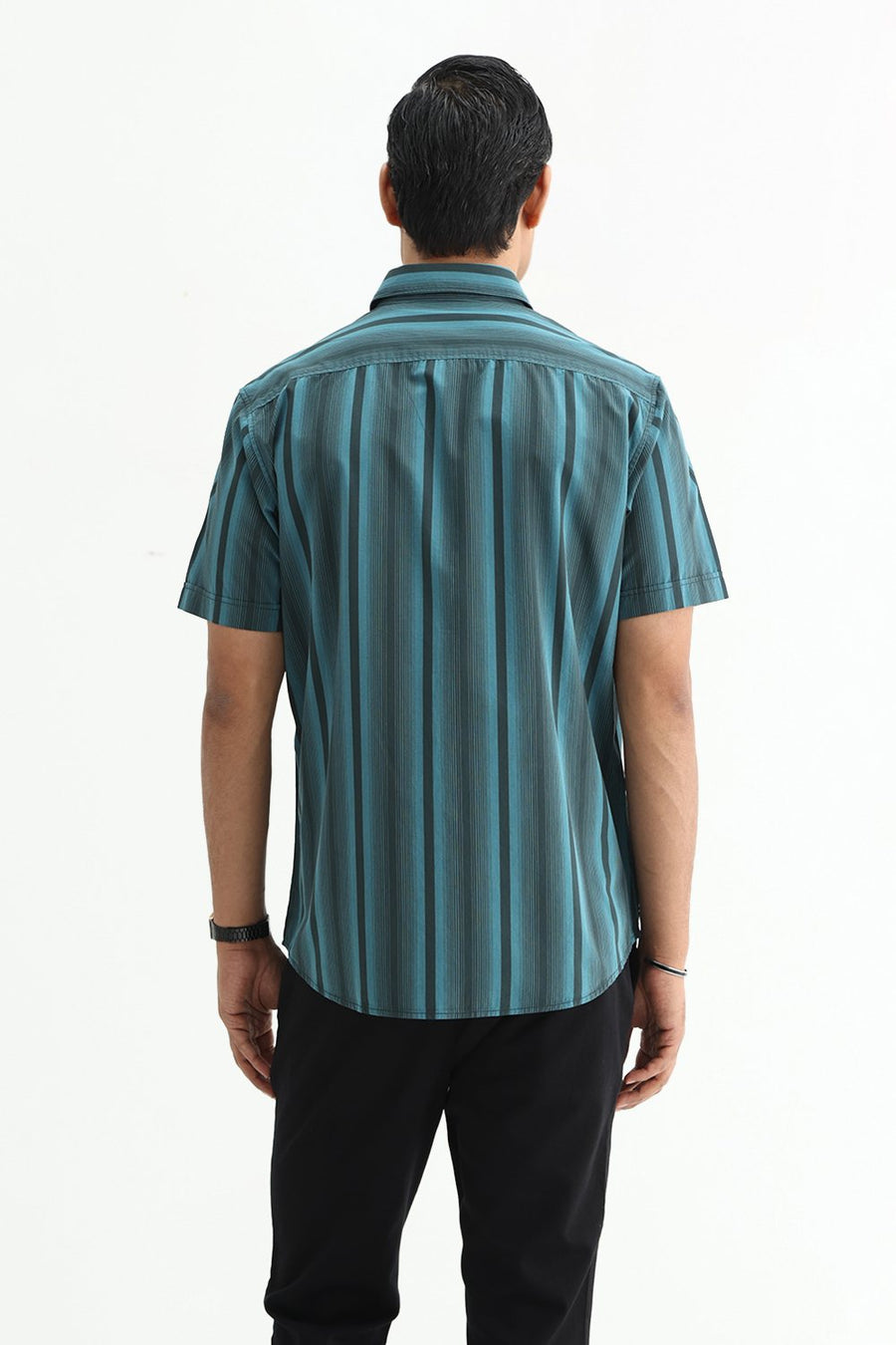 BASICS SLIM FIT SEA TEAL COTTON PLAIN STRIPES HALFSLEEVES SHIRT