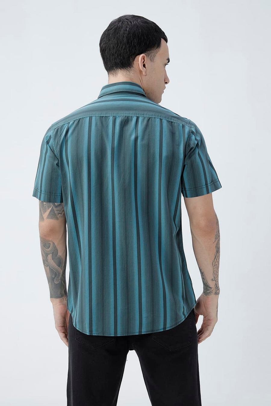 BASICS SLIM FIT SEA TEAL COTTON PLAIN STRIPES HALFSLEEVES SHIRT