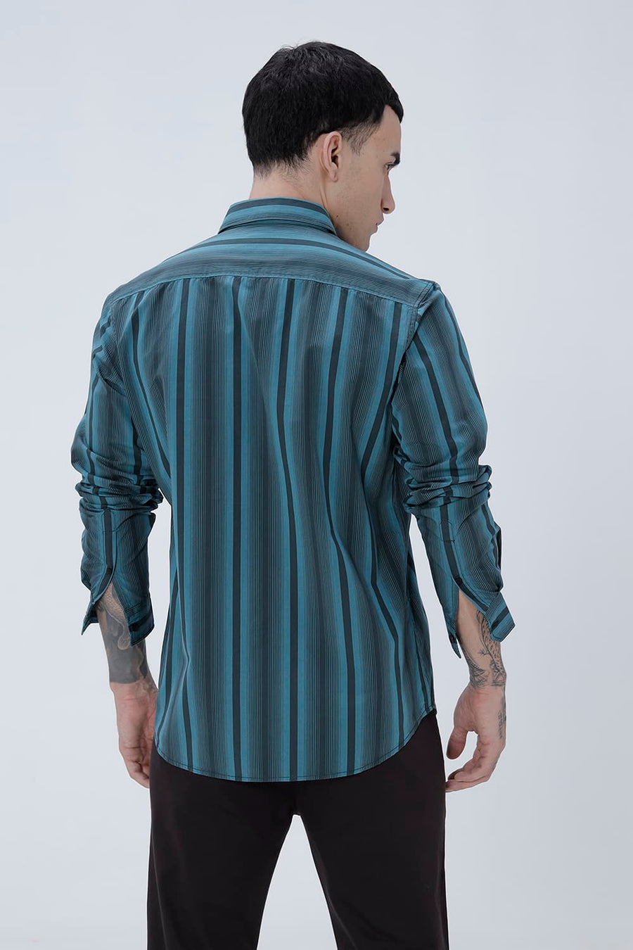BASICS SLIM FIT SEA TEAL COTTON PLAIN STRIPES SHIRT