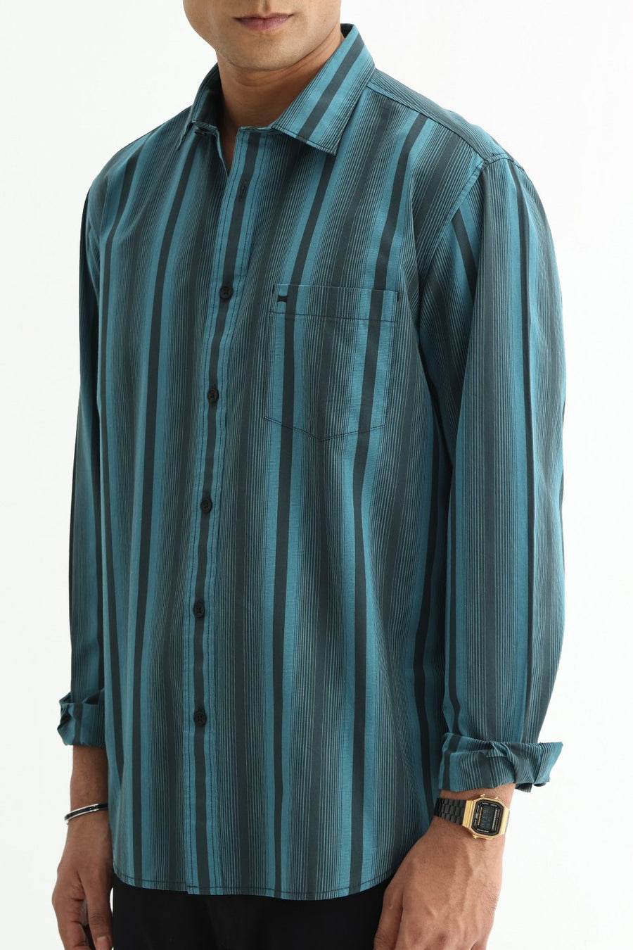 BASICS SLIM FIT SEA TEAL COTTON PLAIN STRIPES SHIRT