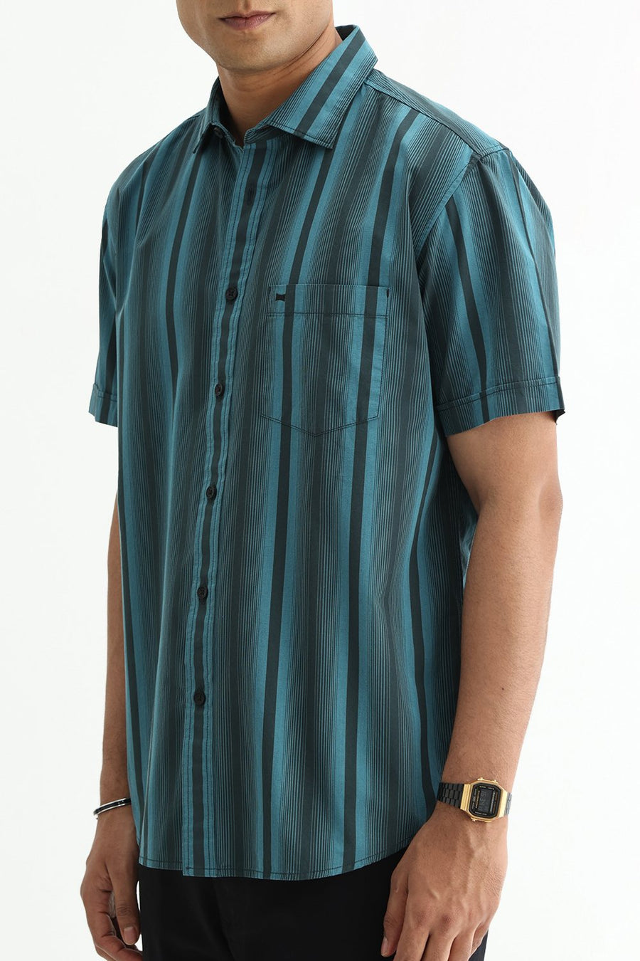 BASICS SLIM FIT SEA TEAL COTTON PLAIN STRIPES HALFSLEEVES SHIRT