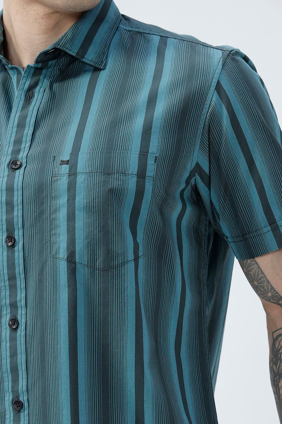 BASICS SLIM FIT SEA TEAL COTTON PLAIN STRIPES HALFSLEEVES SHIRT