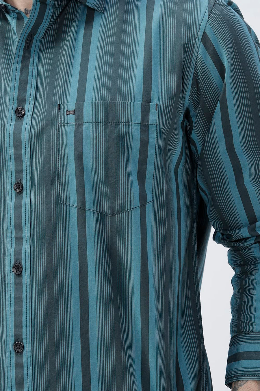 BASICS SLIM FIT SEA TEAL COTTON PLAIN STRIPES SHIRT