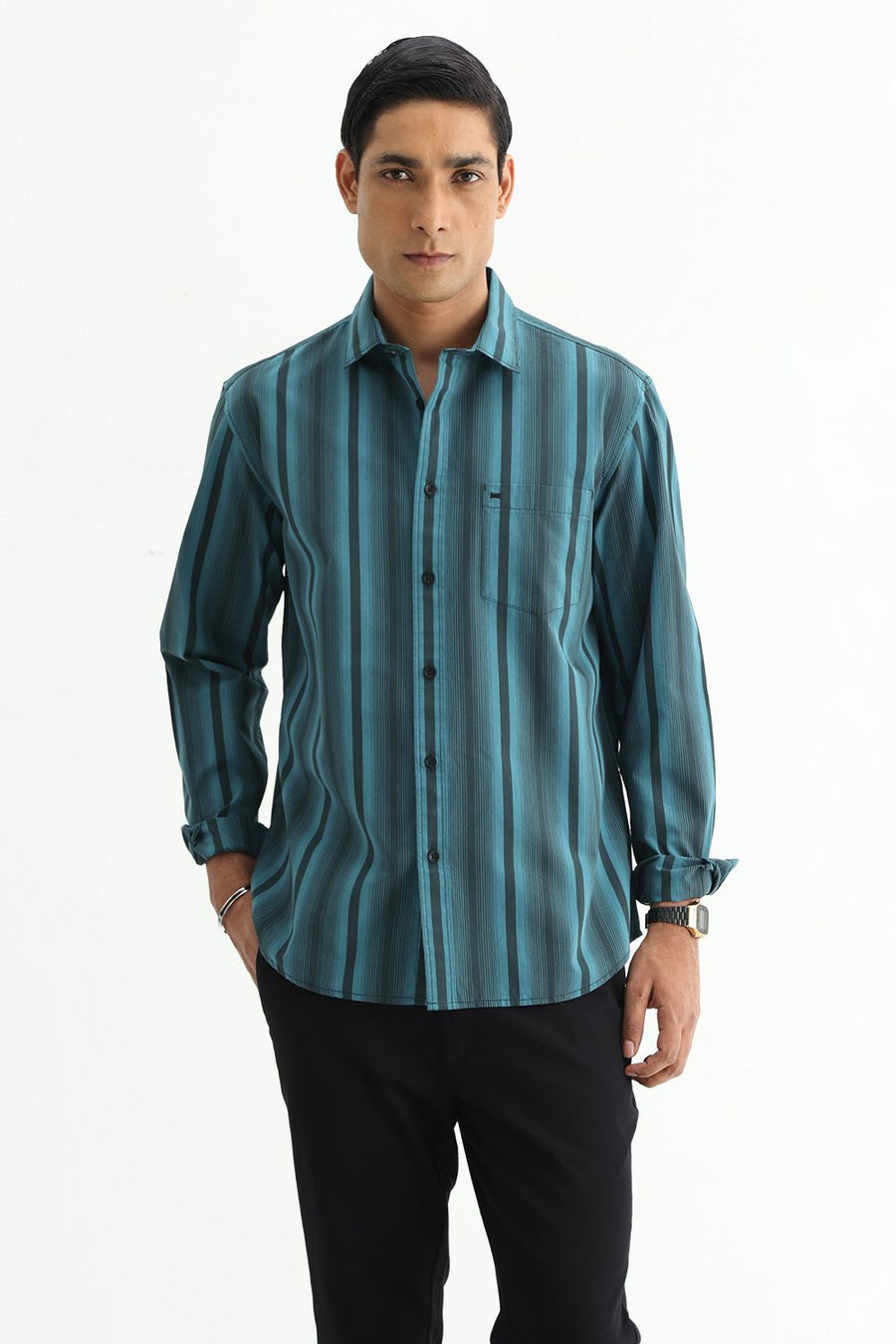 BASICS SLIM FIT SEA TEAL COTTON PLAIN STRIPES SHIRT