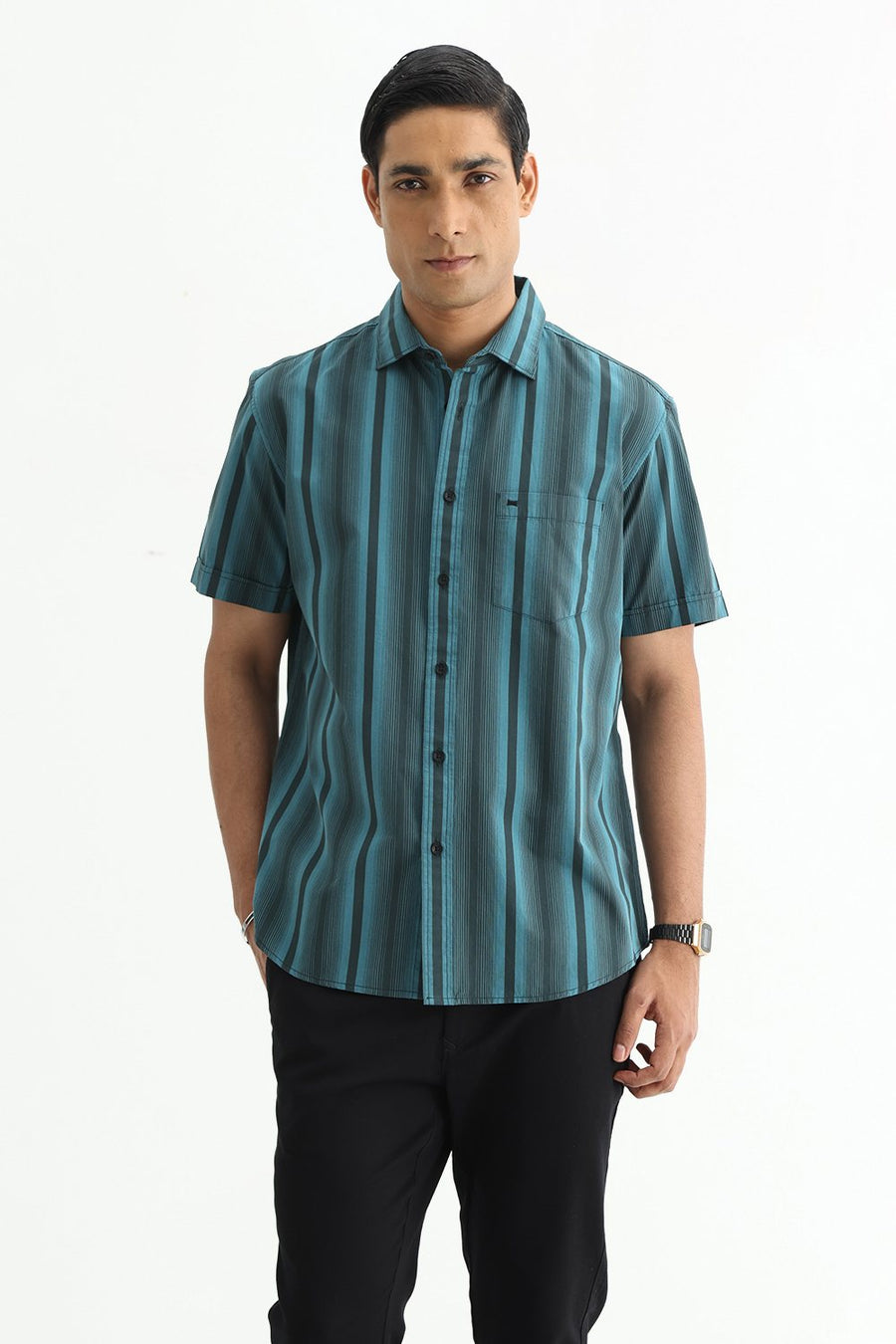 BASICS SLIM FIT SEA TEAL COTTON PLAIN STRIPES HALFSLEEVES SHIRT