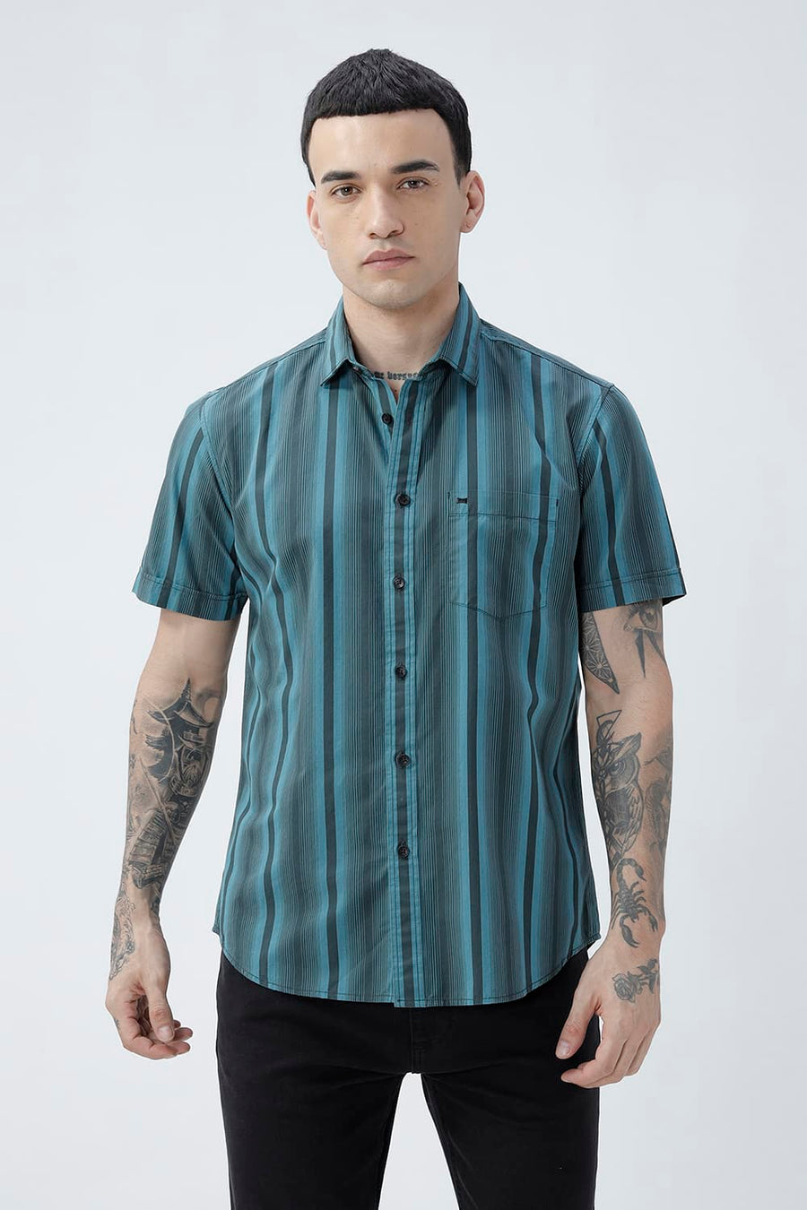 BASICS SLIM FIT SEA TEAL COTTON PLAIN STRIPES HALFSLEEVES SHIRT