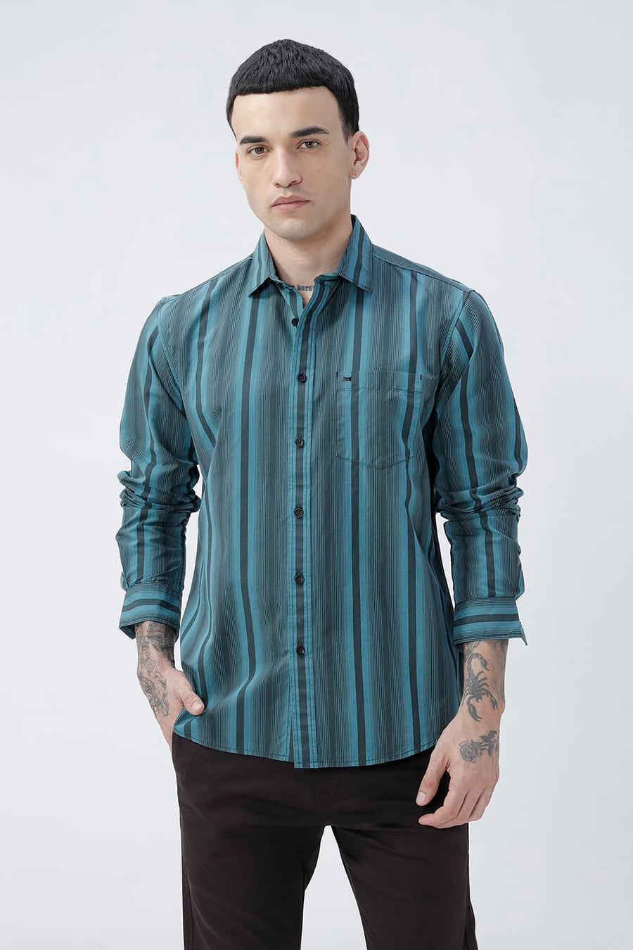 BASICS SLIM FIT SEA TEAL COTTON PLAIN STRIPES SHIRT