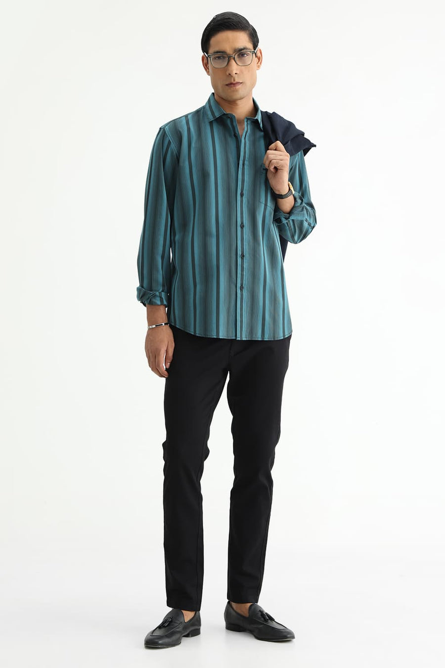 BASICS SLIM FIT SEA TEAL COTTON PLAIN STRIPES SHIRT