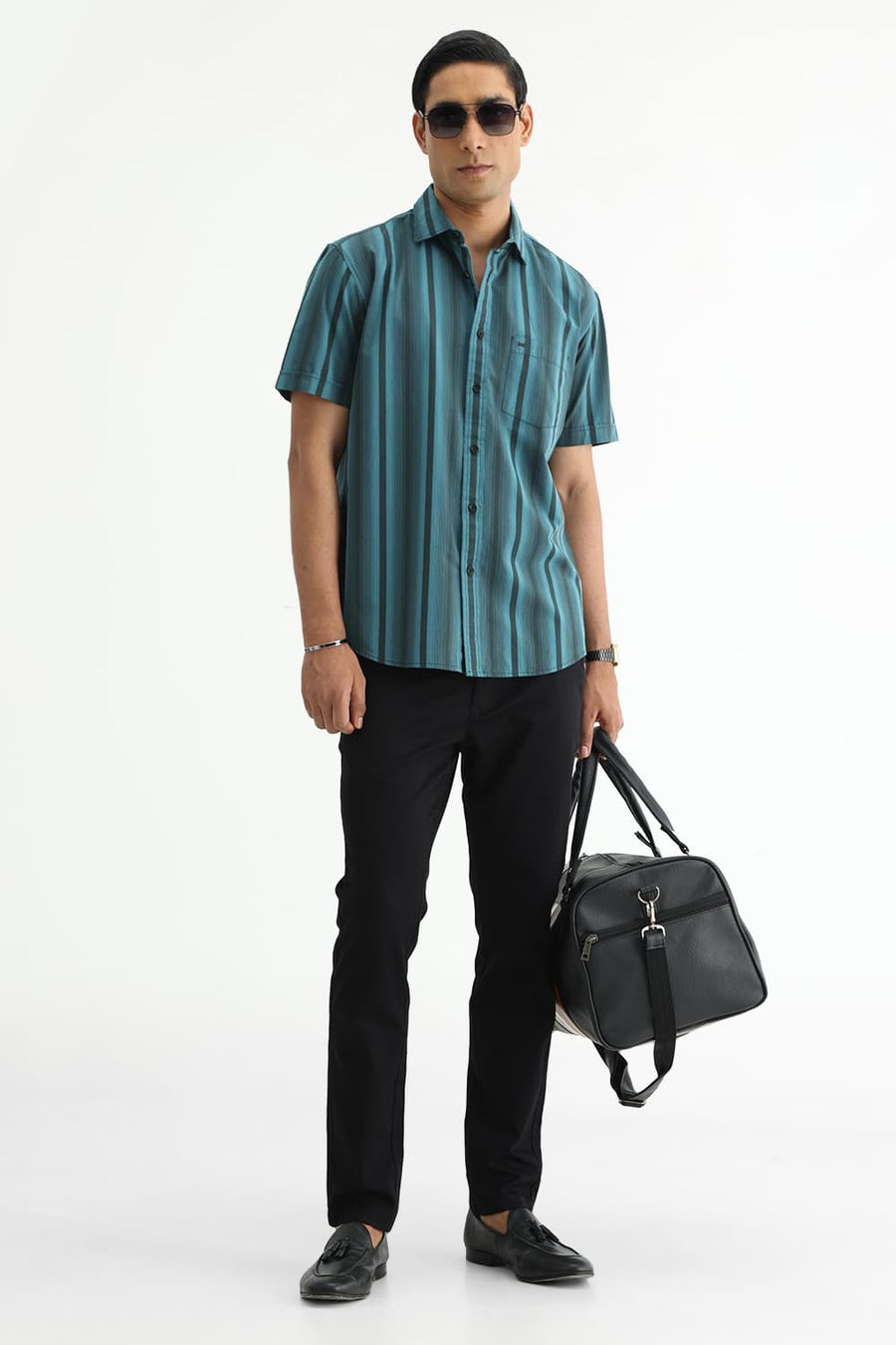 BASICS SLIM FIT SEA TEAL COTTON PLAIN STRIPES HALFSLEEVES SHIRT