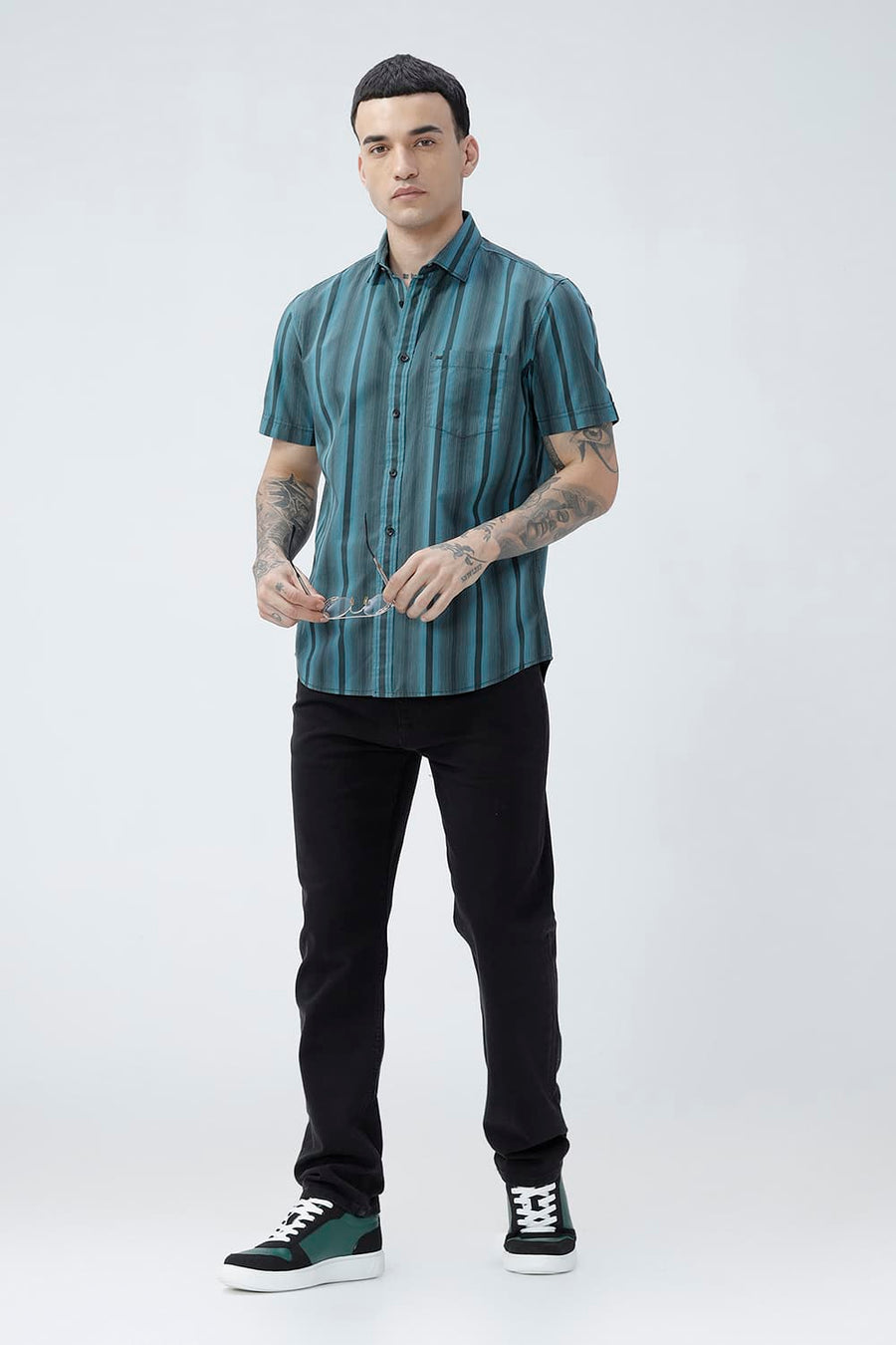 BASICS SLIM FIT SEA TEAL COTTON PLAIN STRIPES HALFSLEEVES SHIRT