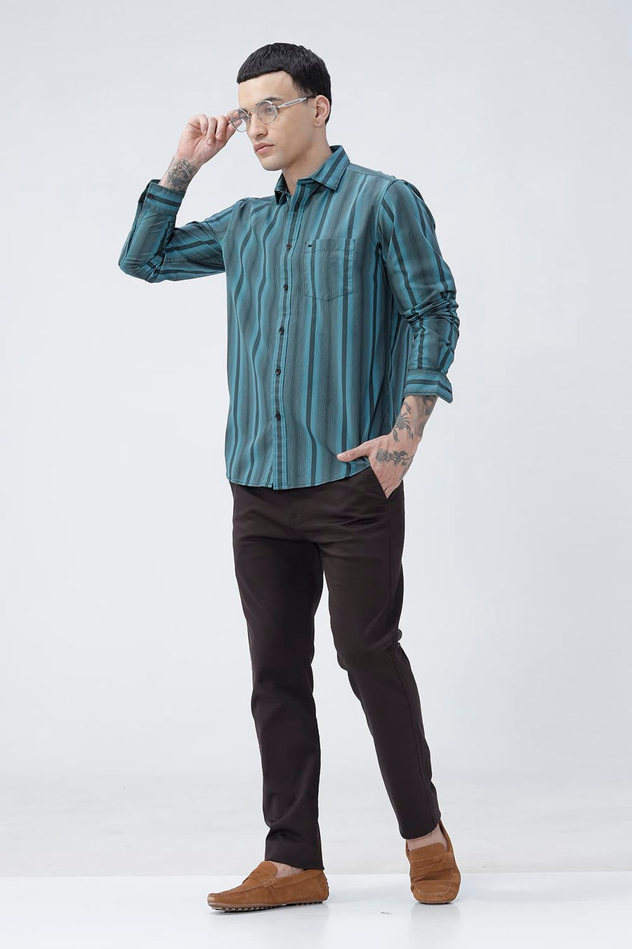 BASICS SLIM FIT SEA TEAL COTTON PLAIN STRIPES SHIRT
