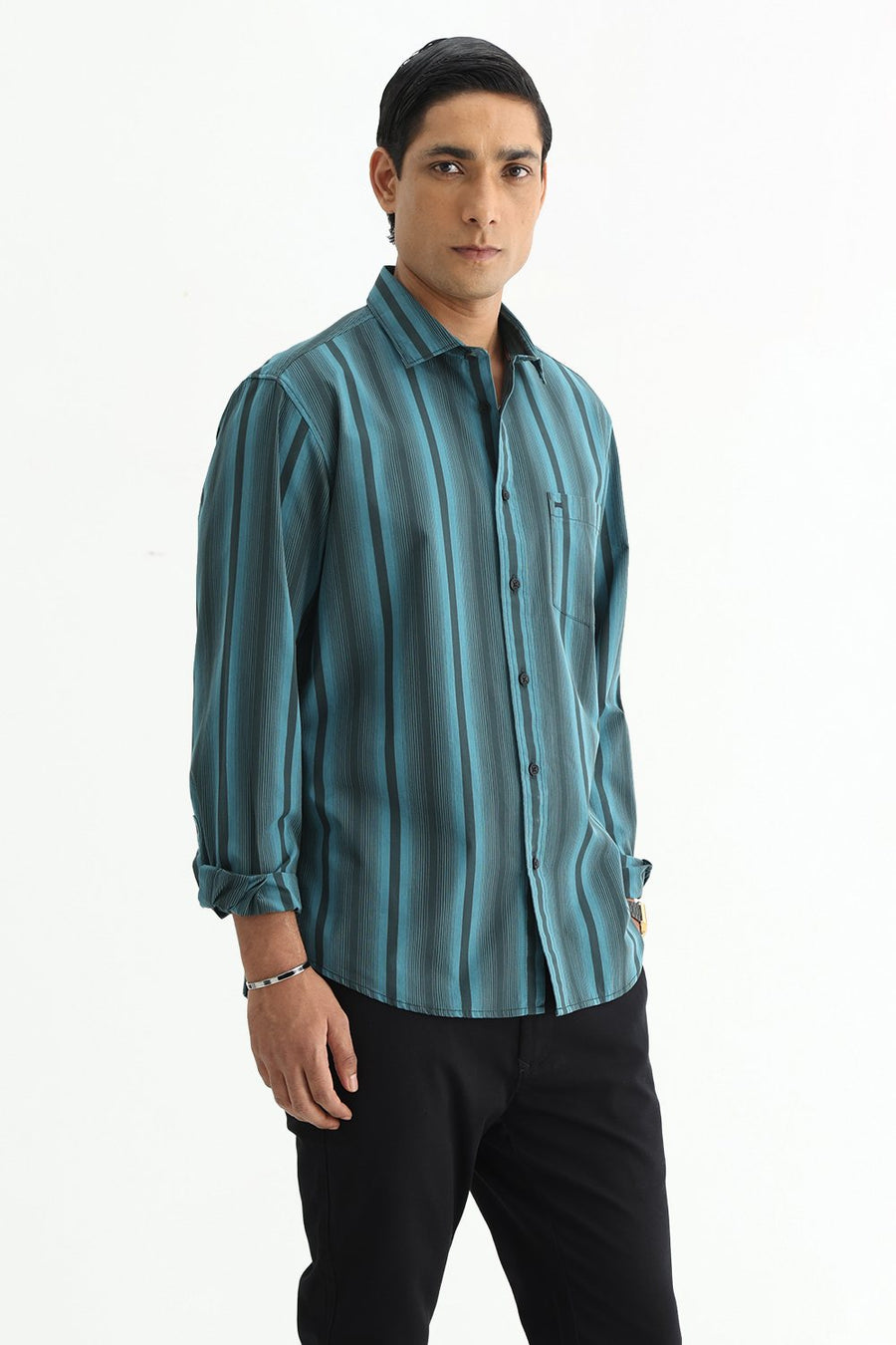BASICS SLIM FIT SEA TEAL COTTON PLAIN STRIPES SHIRT