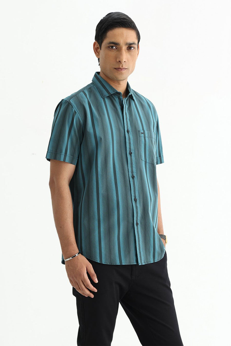 BASICS SLIM FIT SEA TEAL COTTON PLAIN STRIPES HALFSLEEVES SHIRT