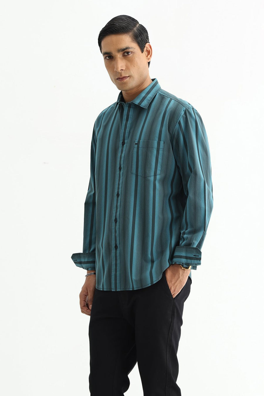 BASICS SLIM FIT SEA TEAL COTTON PLAIN STRIPES SHIRT