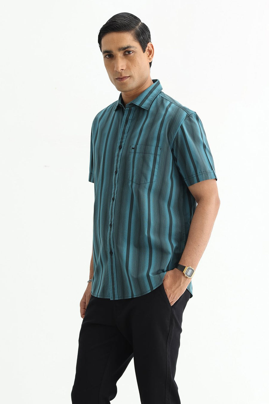 BASICS SLIM FIT SEA TEAL COTTON PLAIN STRIPES HALFSLEEVES SHIRT