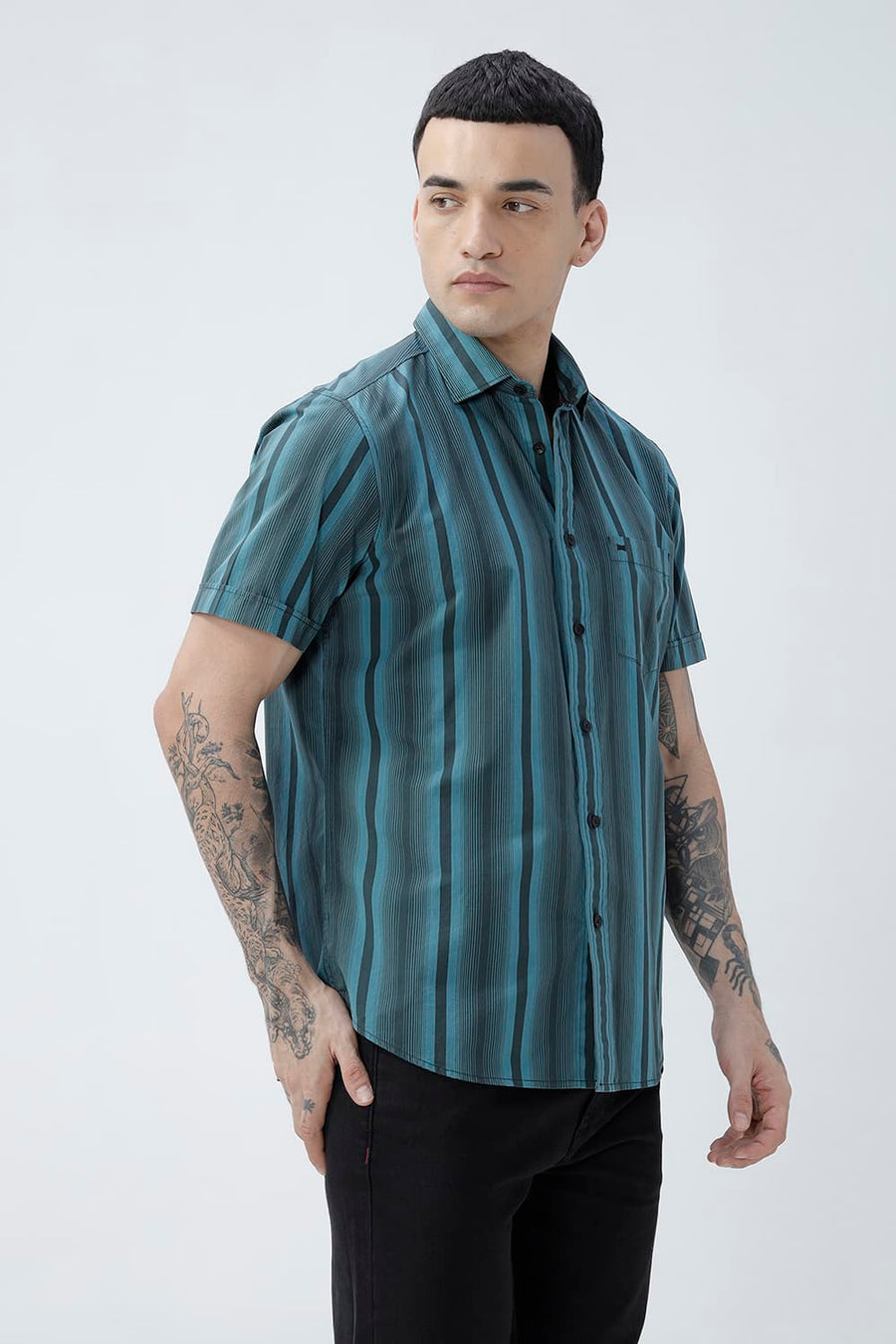 BASICS SLIM FIT SEA TEAL COTTON PLAIN STRIPES HALFSLEEVES SHIRT