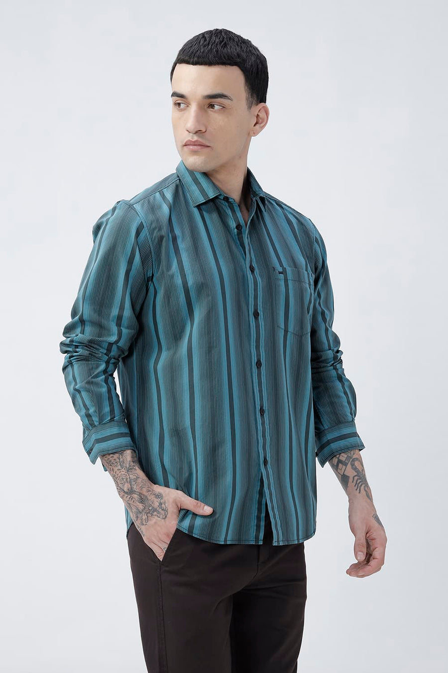 BASICS SLIM FIT SEA TEAL COTTON PLAIN STRIPES SHIRT