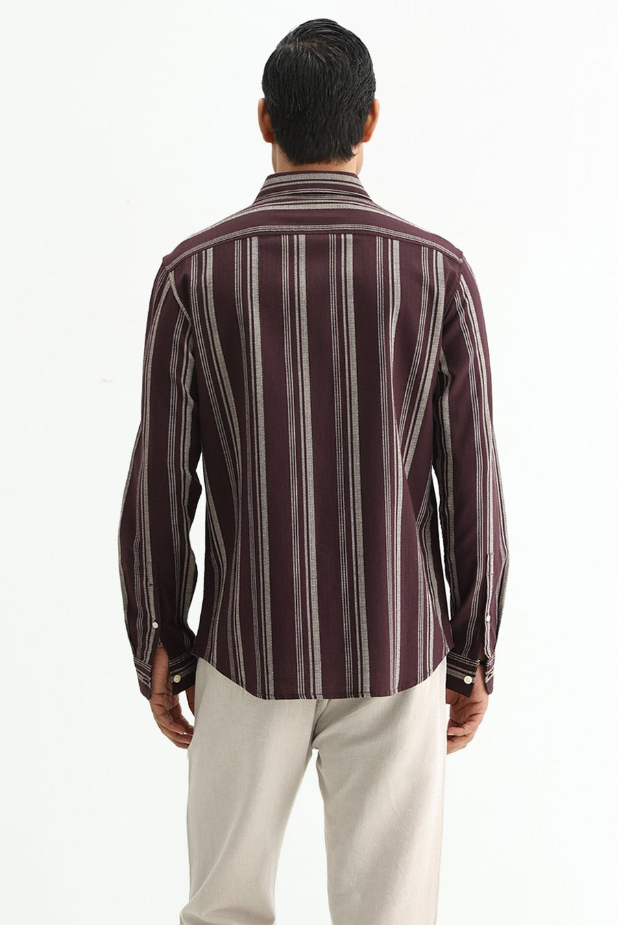 BASICS SLIM FIT FUDGE BROWN COTTON HOPSACK STRIPE SHIRT