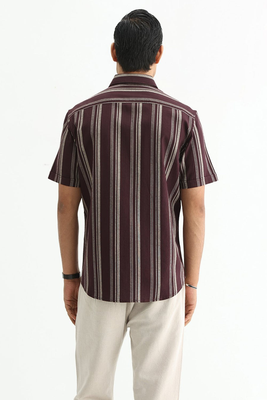 BASICS SLIM FIT FUDGE BROWN COTTON HOPSACK STRIPE HALFSLEEVES SHIRT