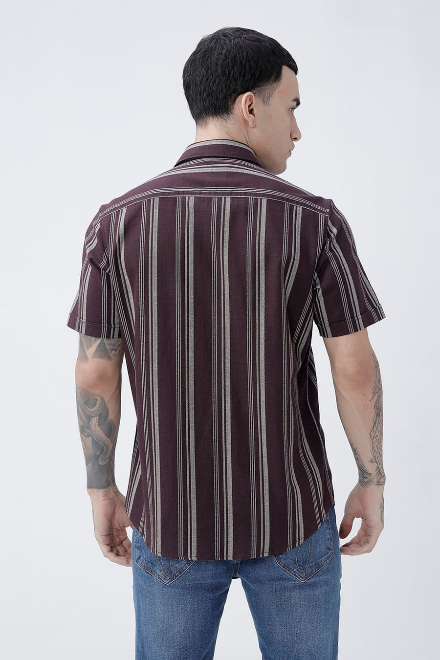 BASICS SLIM FIT FUDGE BROWN COTTON HOPSACK STRIPE HALFSLEEVES SHIRT