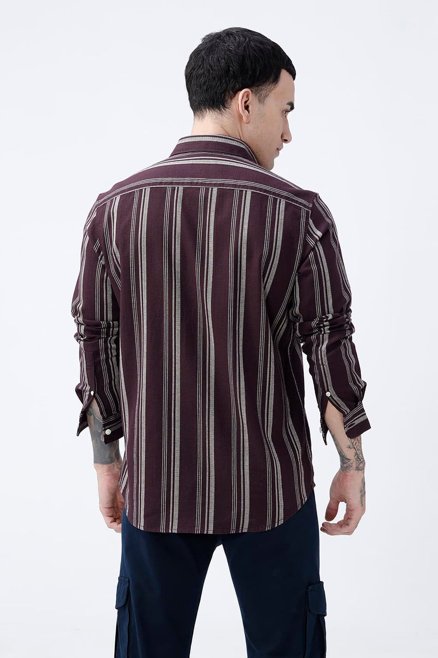 BASICS SLIM FIT FUDGE BROWN COTTON HOPSACK STRIPE SHIRT