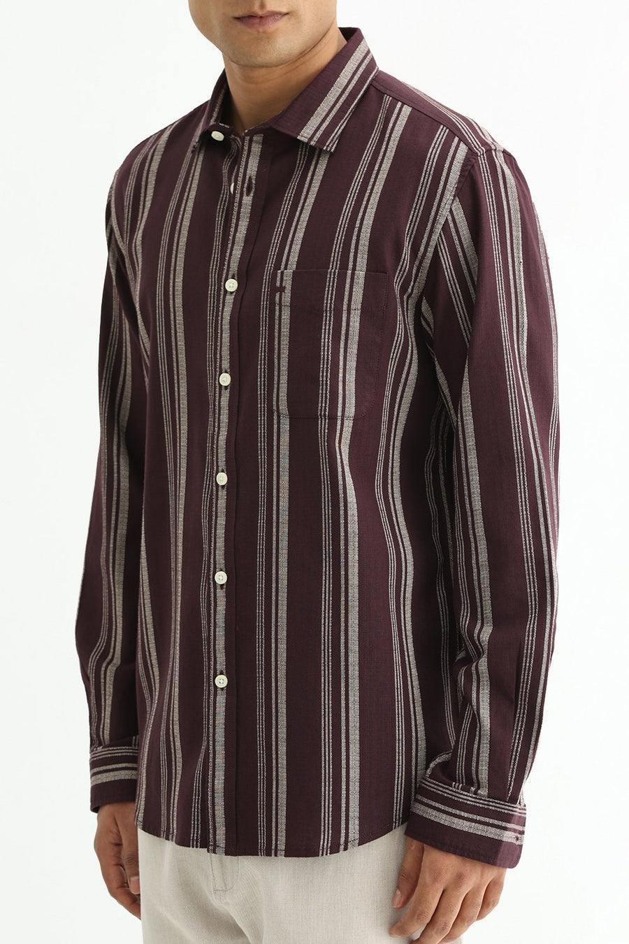 BASICS SLIM FIT FUDGE BROWN COTTON HOPSACK STRIPE SHIRT