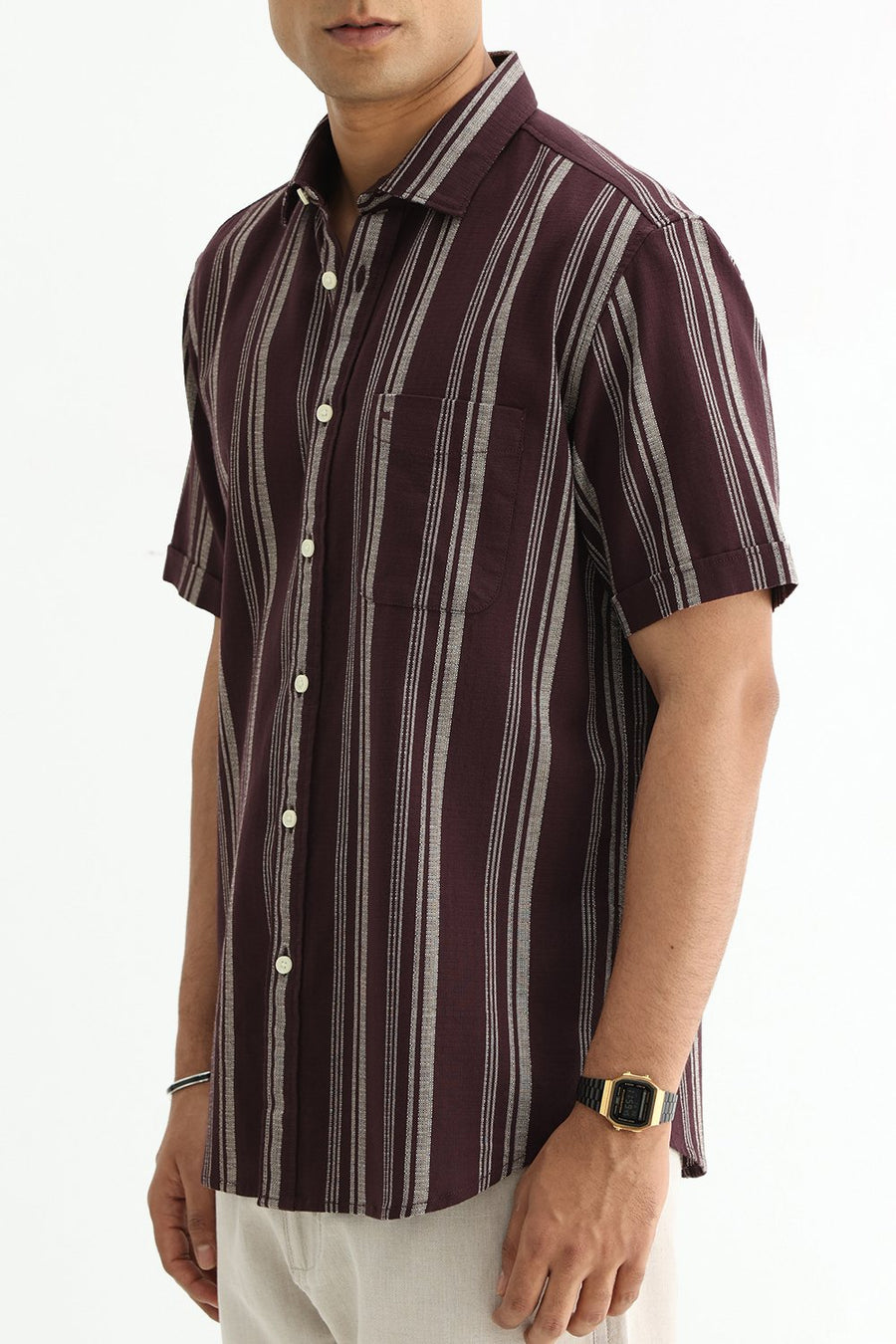BASICS SLIM FIT FUDGE BROWN COTTON HOPSACK STRIPE HALFSLEEVES SHIRT