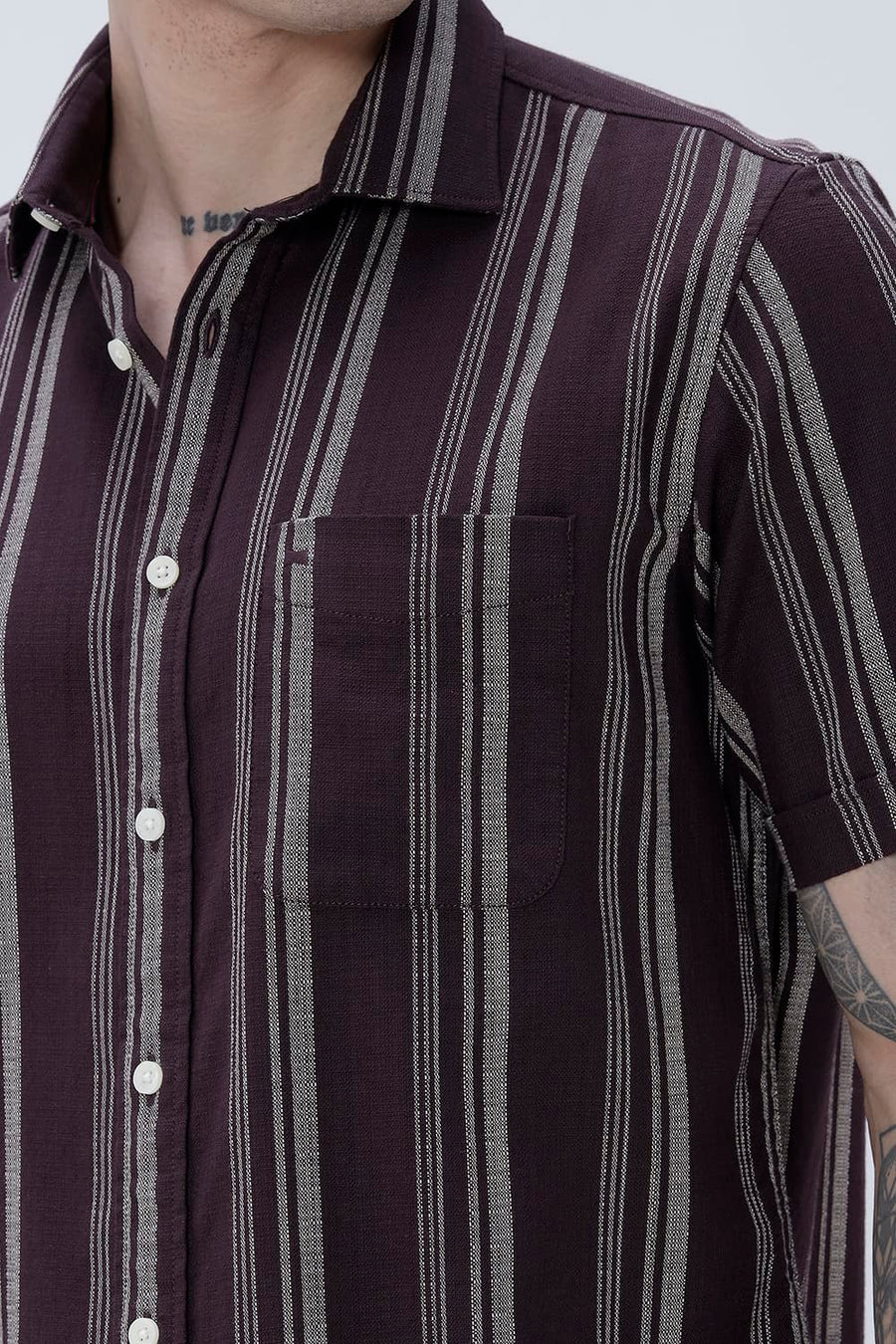 BASICS SLIM FIT FUDGE BROWN COTTON HOPSACK STRIPE HALFSLEEVES SHIRT