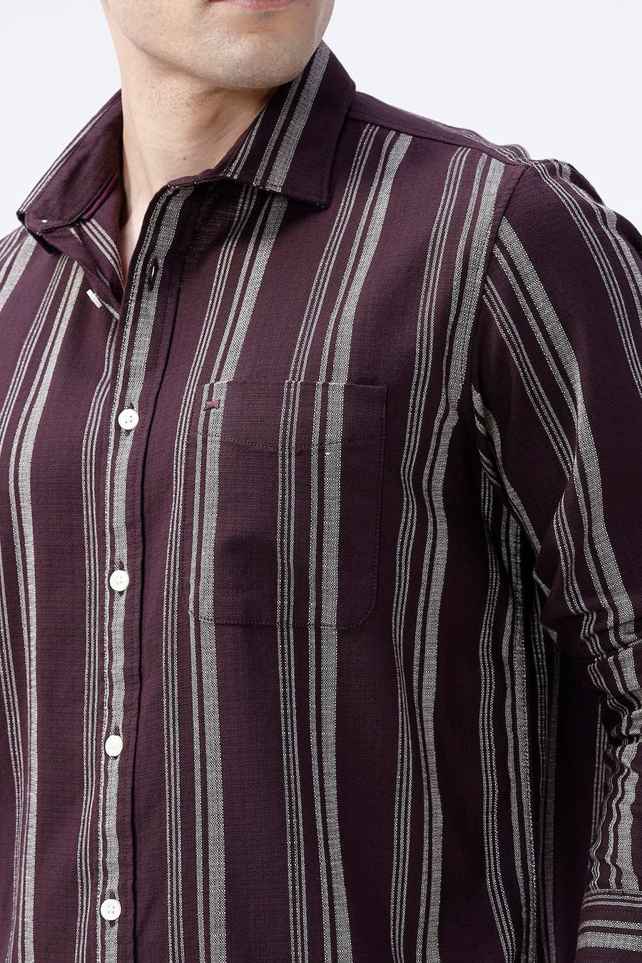 BASICS SLIM FIT FUDGE BROWN COTTON HOPSACK STRIPE SHIRT