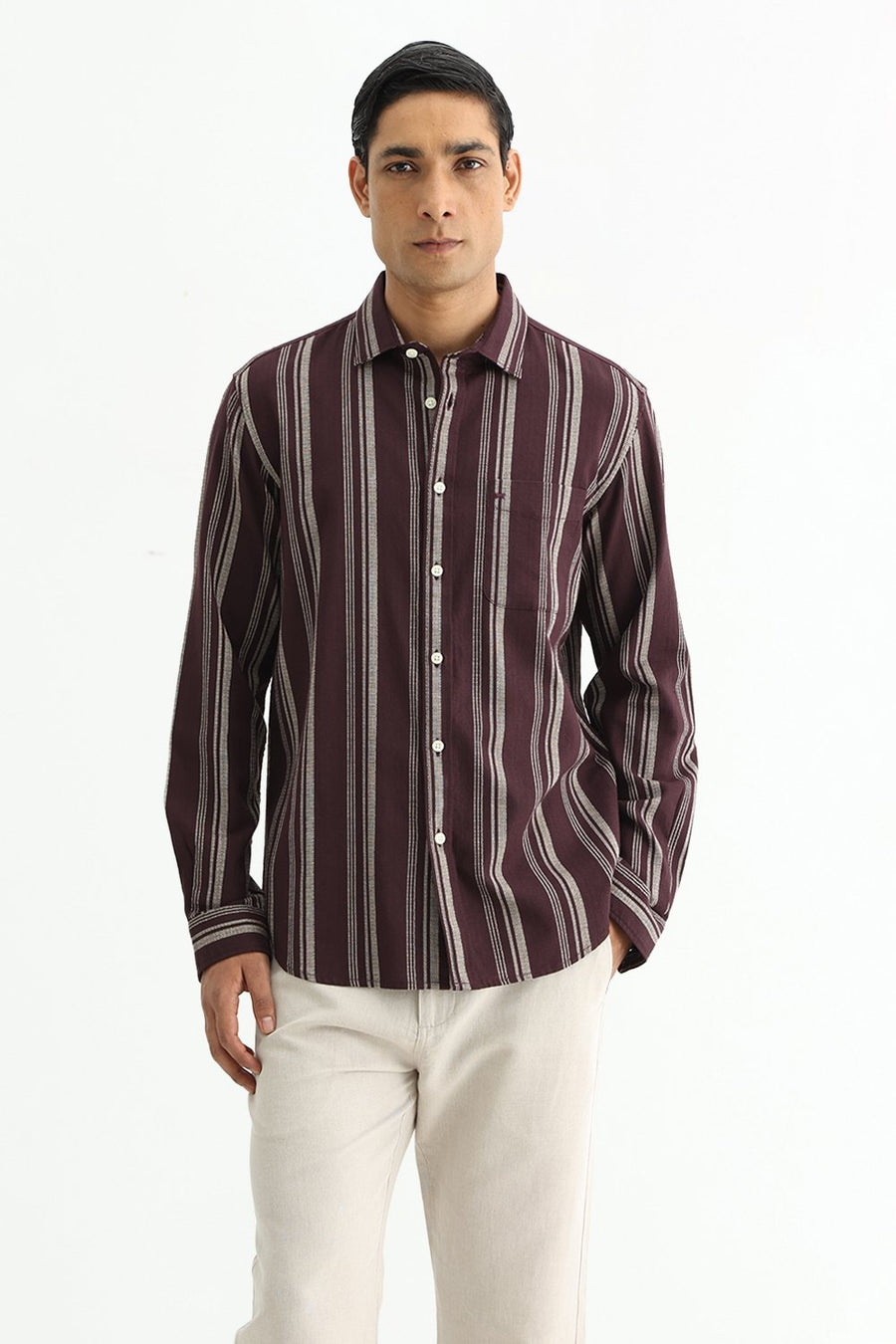 BASICS SLIM FIT FUDGE BROWN COTTON HOPSACK STRIPE SHIRT