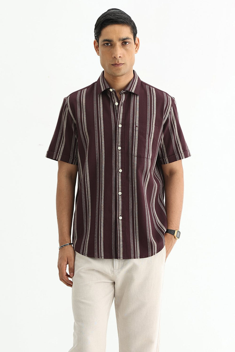 BASICS SLIM FIT FUDGE BROWN COTTON HOPSACK STRIPE HALFSLEEVES SHIRT