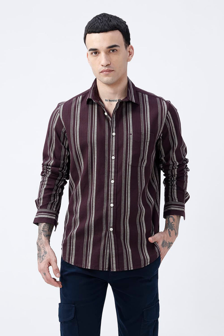 BASICS SLIM FIT FUDGE BROWN COTTON HOPSACK STRIPE SHIRT