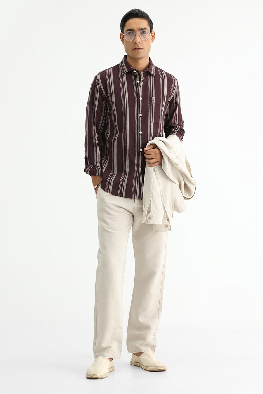BASICS SLIM FIT FUDGE BROWN COTTON HOPSACK STRIPE SHIRT