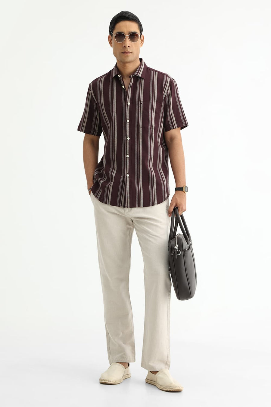 BASICS SLIM FIT FUDGE BROWN COTTON HOPSACK STRIPE HALFSLEEVES SHIRT