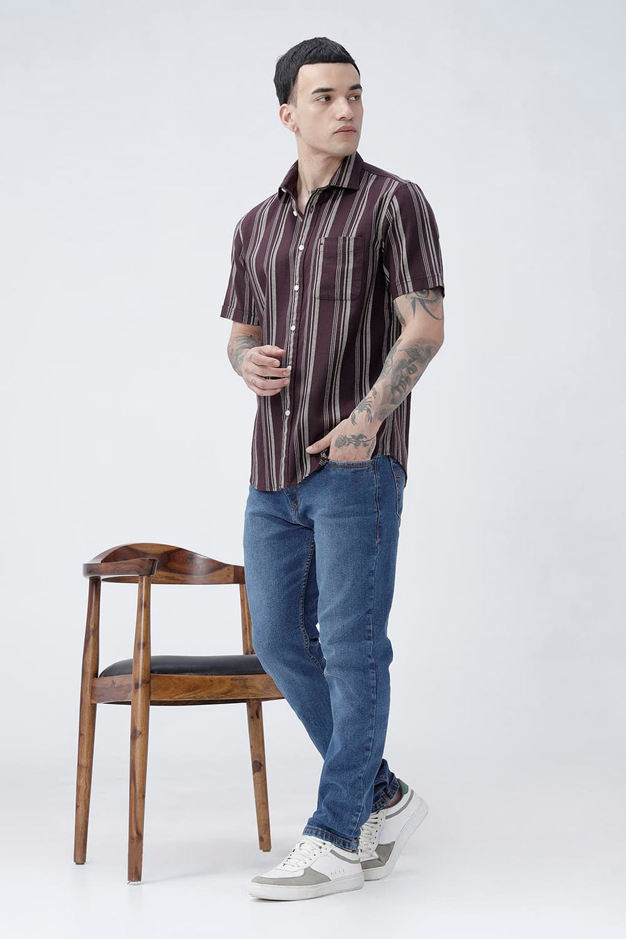 BASICS SLIM FIT FUDGE BROWN COTTON HOPSACK STRIPE HALFSLEEVES SHIRT