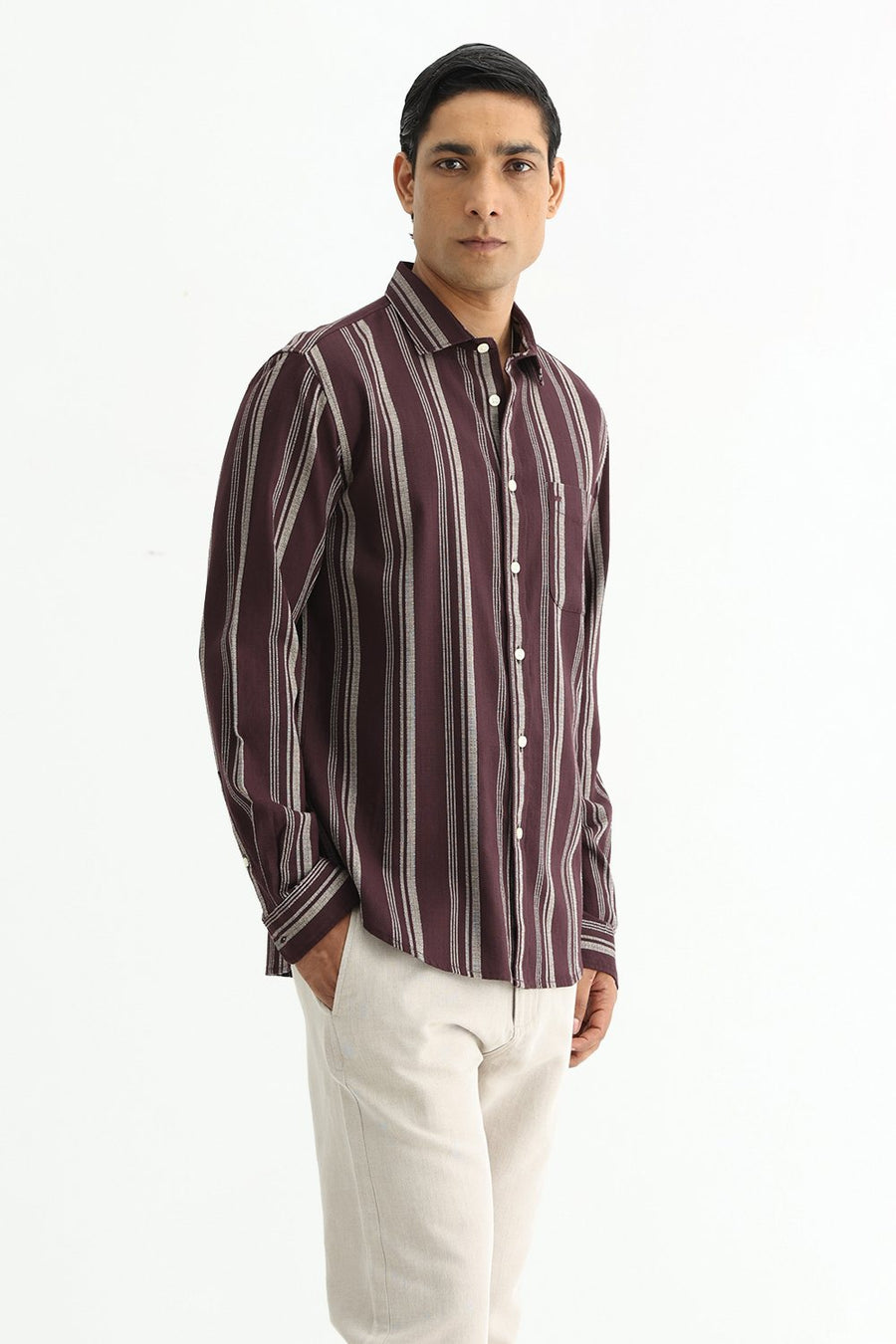 BASICS SLIM FIT FUDGE BROWN COTTON HOPSACK STRIPE SHIRT