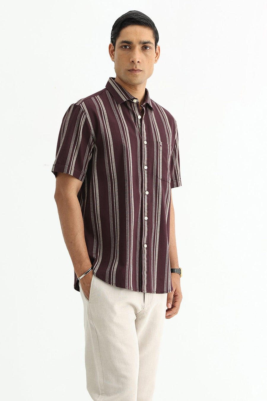 BASICS SLIM FIT FUDGE BROWN COTTON HOPSACK STRIPE HALFSLEEVES SHIRT