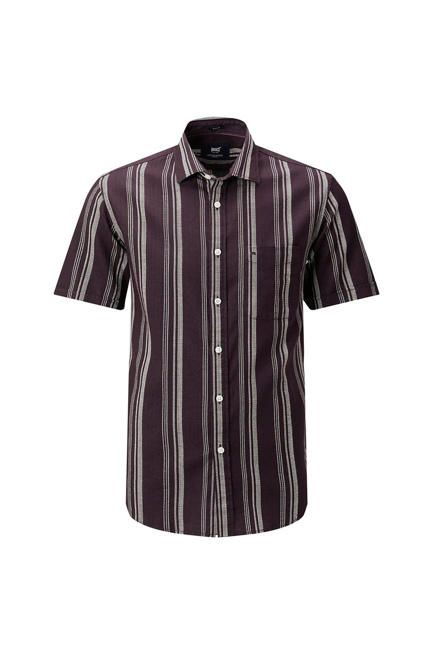 BASICS SLIM FIT FUDGE BROWN COTTON HOPSACK STRIPE HALFSLEEVES SHIRT