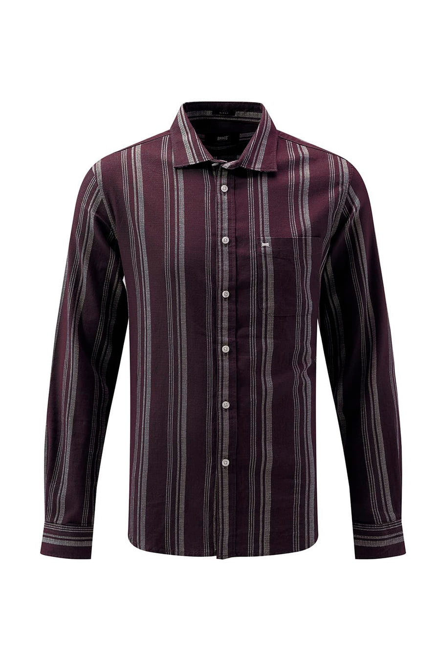 BASICS SLIM FIT FUDGE BROWN COTTON HOPSACK STRIPE SHIRT