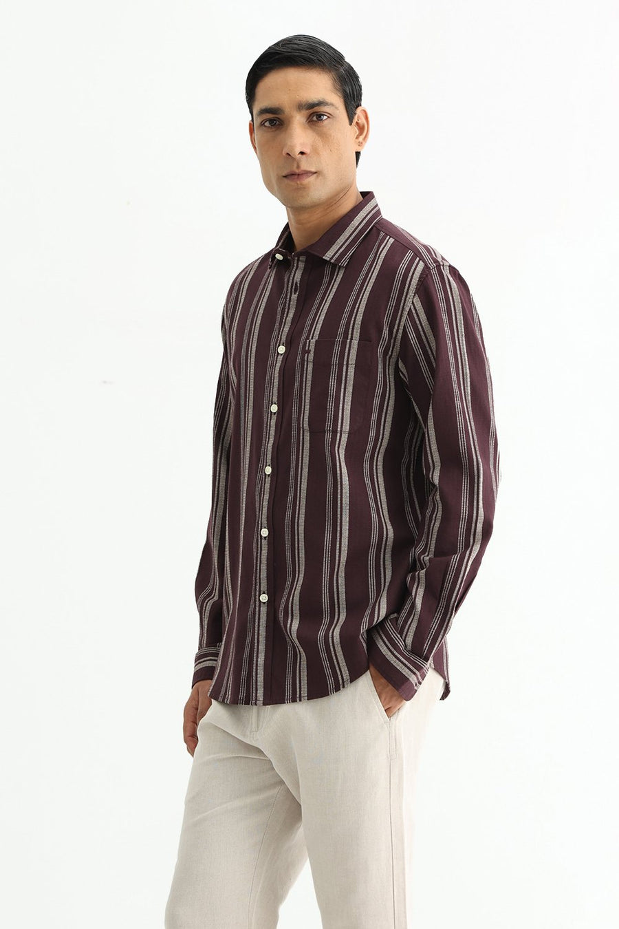 BASICS SLIM FIT FUDGE BROWN COTTON HOPSACK STRIPE SHIRT