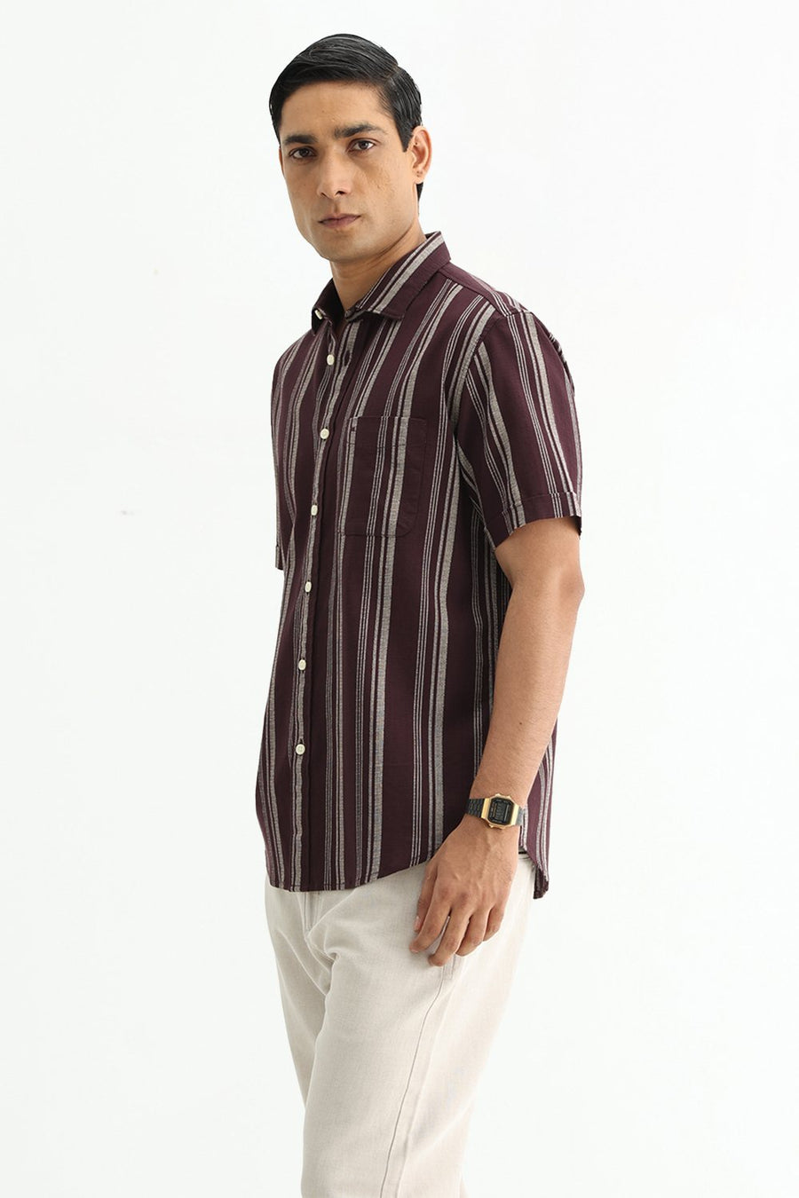 BASICS SLIM FIT FUDGE BROWN COTTON HOPSACK STRIPE HALFSLEEVES SHIRT