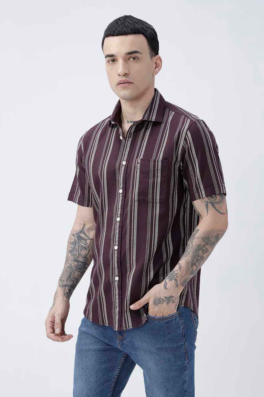 BASICS SLIM FIT FUDGE BROWN COTTON HOPSACK STRIPE HALFSLEEVES SHIRT