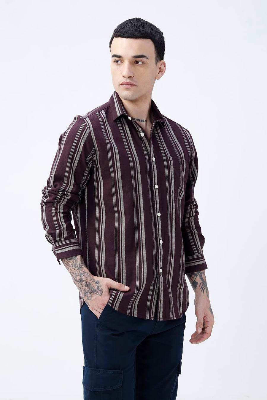 BASICS SLIM FIT FUDGE BROWN COTTON HOPSACK STRIPE SHIRT