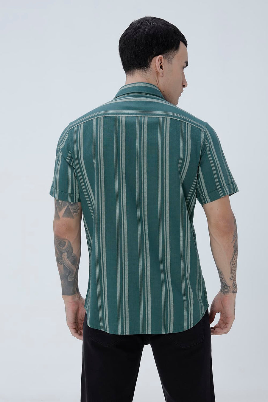 BASICS SLIM FIT TEAL SEA COTTON HOPSACK STRIPE HALFSLEEVES SHIRT