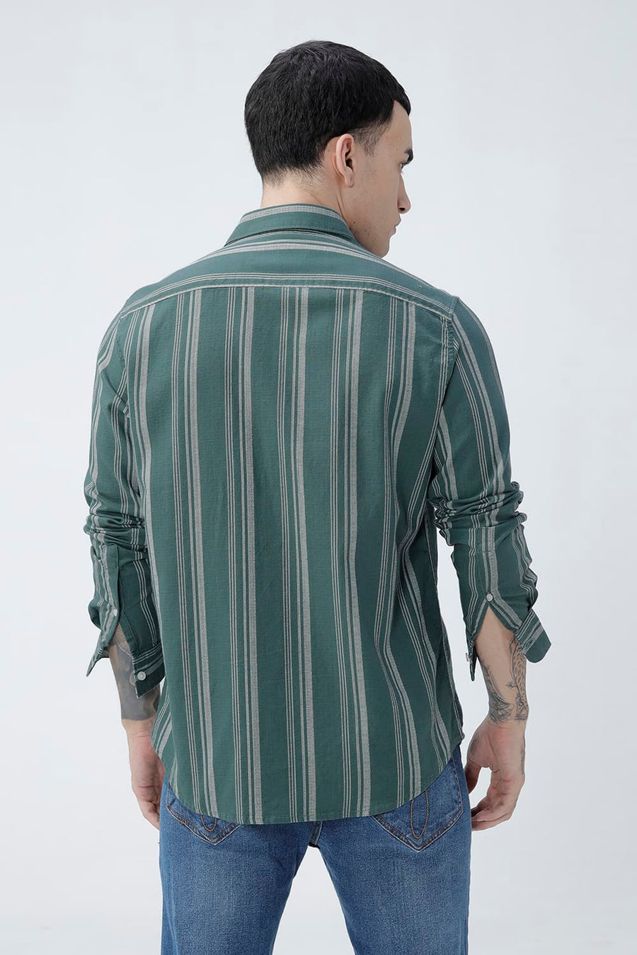 BASICS SLIM FIT TEAL SEA COTTON HOPSACK STRIPE SHIRT