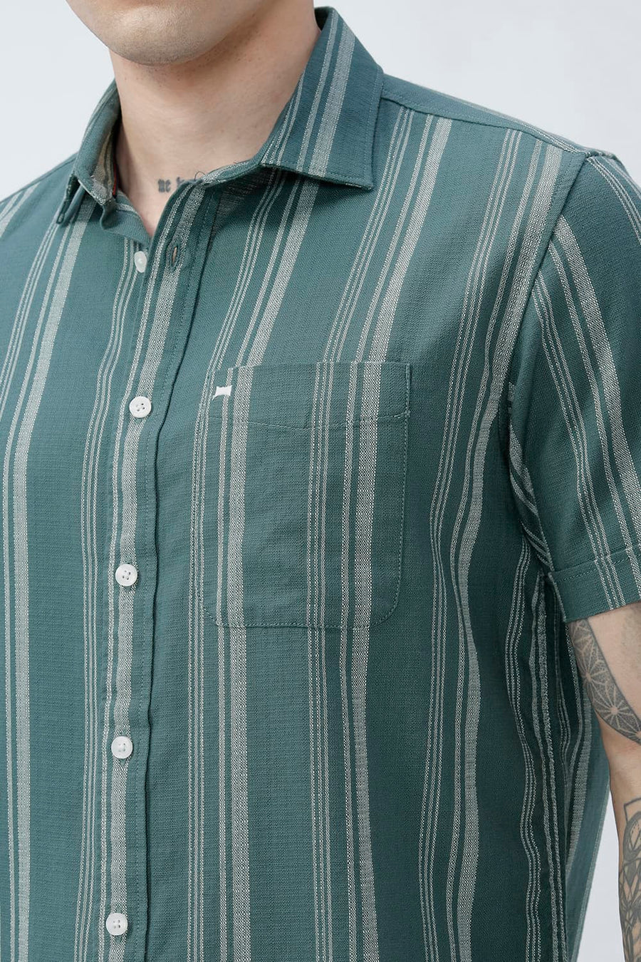 BASICS SLIM FIT TEAL SEA COTTON HOPSACK STRIPE HALFSLEEVES SHIRT