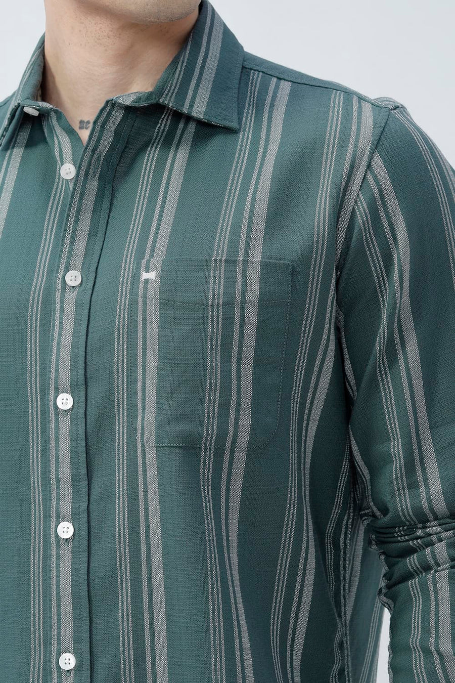 BASICS SLIM FIT TEAL SEA COTTON HOPSACK STRIPE SHIRT